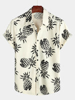 Beige Button-Up Short Sleeve Shirt with Pineapple Print, Summer Beach Hawaiian