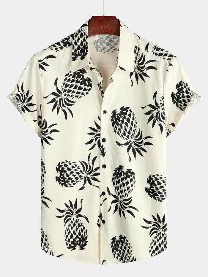 Beige Button-Up Short Sleeve Shirt with Pineapple Print, Summer Beach Hawaiian