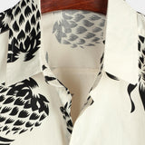 Beige Button-Up Short Sleeve Shirt with Pineapple Print, Summer Beach Hawaiian
