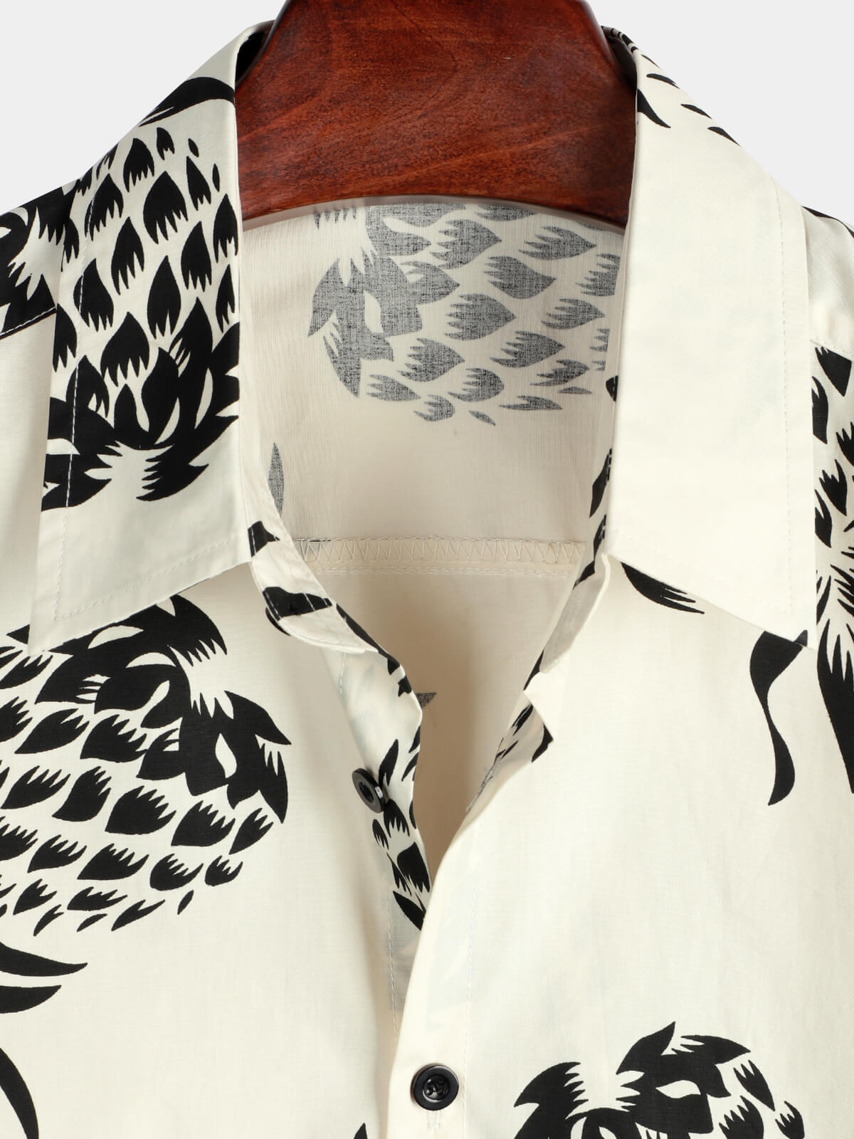 Beige Button-Up Short Sleeve Shirt with Pineapple Print, Summer Beach Hawaiian