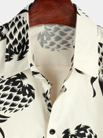 Beige Button-Up Short Sleeve Shirt with Pineapple Print, Summer Beach Hawaiian