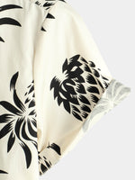 Beige Button-Up Short Sleeve Shirt with Pineapple Print, Summer Beach Hawaiian