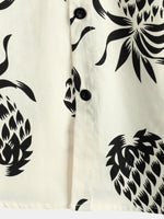 Beige Button-Up Short Sleeve Shirt with Pineapple Print, Summer Beach Hawaiian
