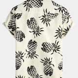 Beige Button-Up Short Sleeve Shirt with Pineapple Print, Summer Beach Hawaiian