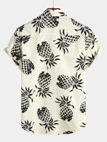Beige Button-Up Short Sleeve Shirt with Pineapple Print, Summer Beach Hawaiian