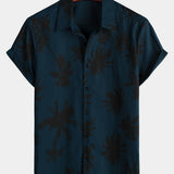 Navy Hawaiian Collar Short Sleeve Shirt with Palm Print, 100%