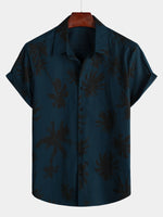 Navy Hawaiian Collar Short Sleeve Shirt with Palm Print, 100%