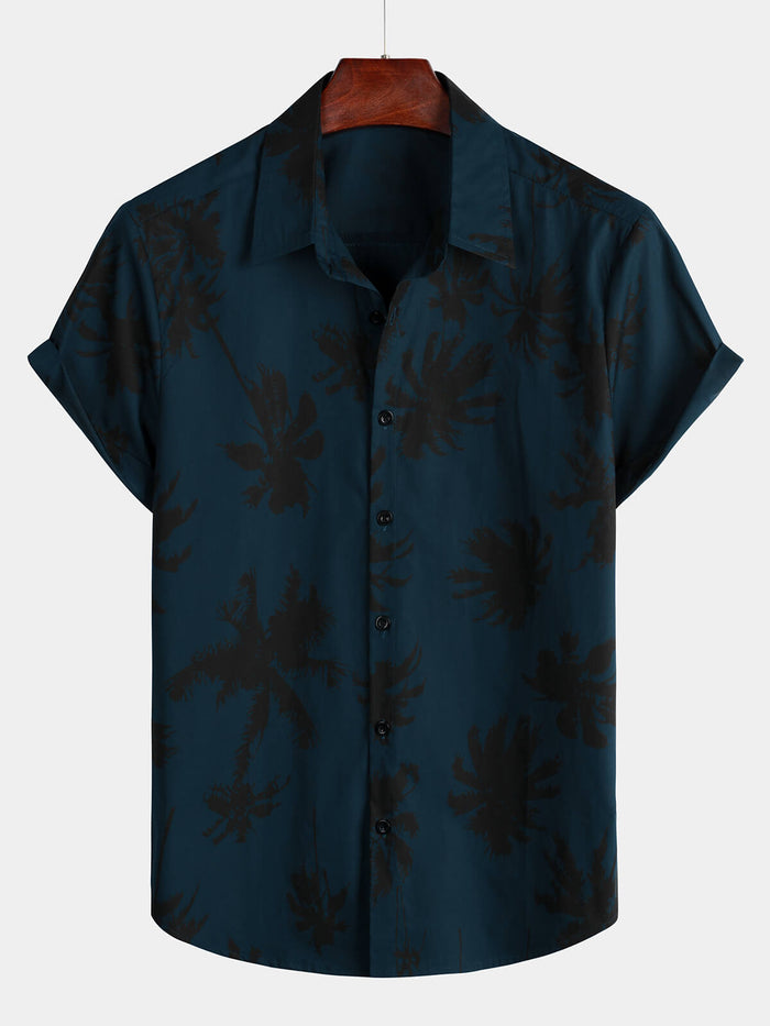 Navy Hawaiian Collar Short Sleeve Shirt with Palm Print, 100%