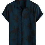 Short Sleeve Cotton Hawaiian Style Shirt with Palm Print for Men, Navy