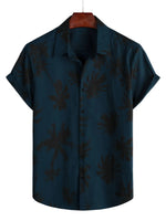 Short Sleeve Cotton Hawaiian Style Shirt with Palm Print for Men, Navy