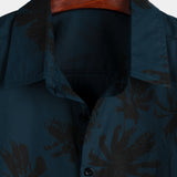 Navy Hawaiian Collar Short Sleeve Shirt with Palm Print, 100%