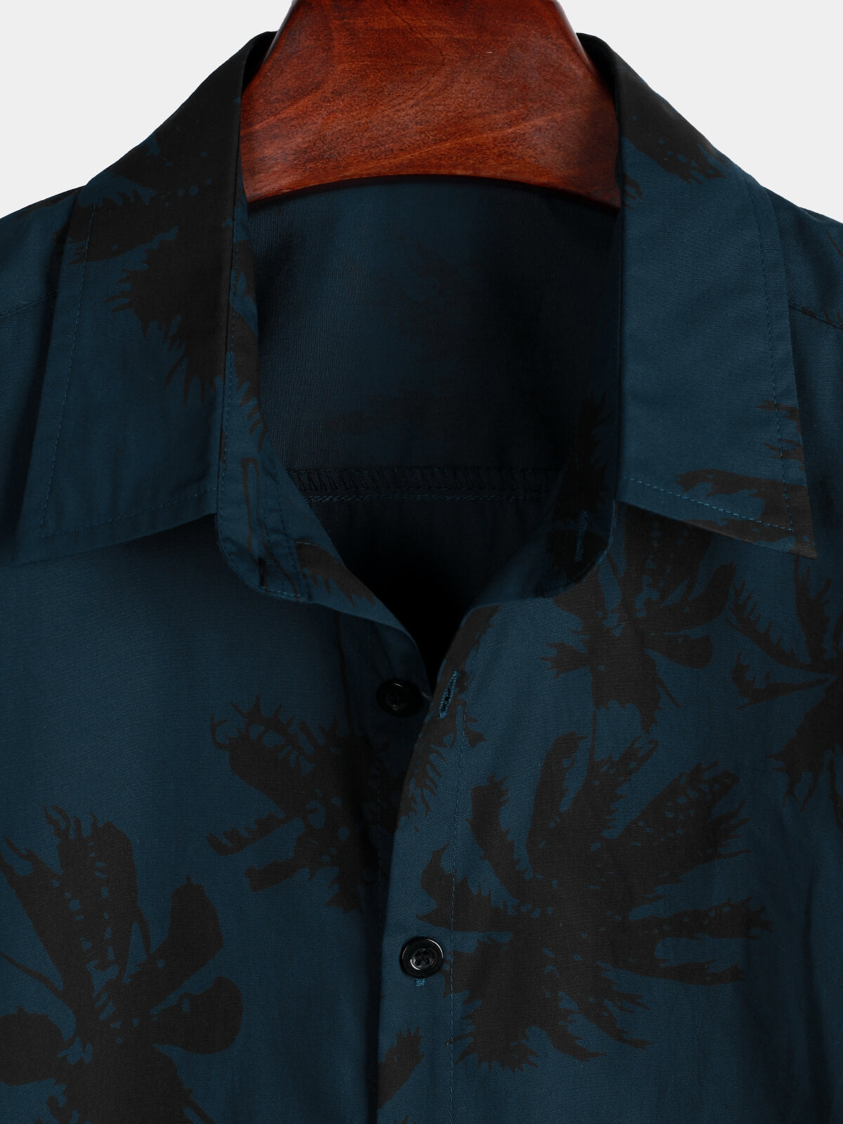 Navy Hawaiian Collar Short Sleeve Shirt with Palm Print, 100%