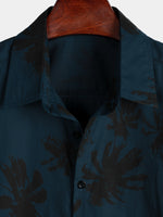 Navy Hawaiian Collar Short Sleeve Shirt with Palm Print, 100%