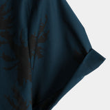 Navy Hawaiian Collar Short Sleeve Shirt with Palm Print, 100%