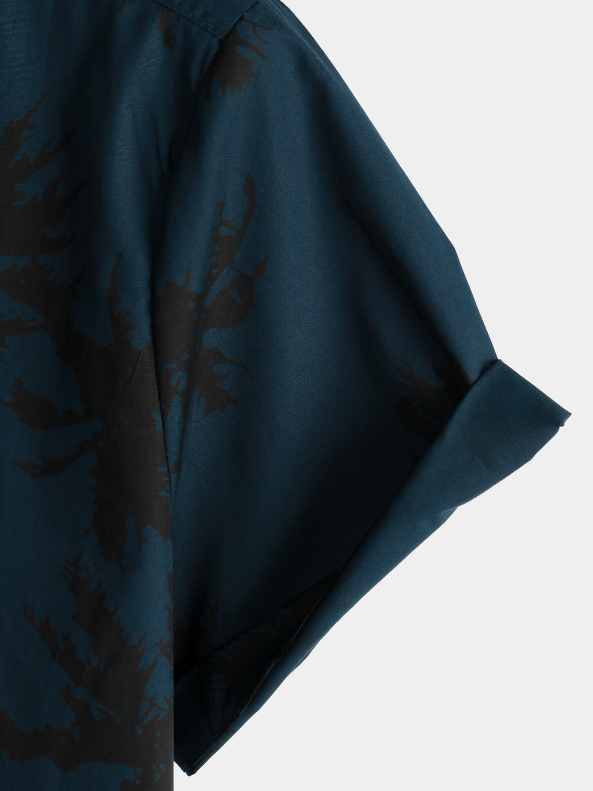 Navy Hawaiian Collar Short Sleeve Shirt with Palm Print, 100%