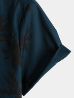 Navy Hawaiian Collar Short Sleeve Shirt with Palm Print, 100%