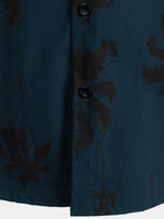 Navy Hawaiian Collar Short Sleeve Shirt with Palm Print, 100%