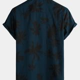 Navy Hawaiian Collar Short Sleeve Shirt with Palm Print, 100%