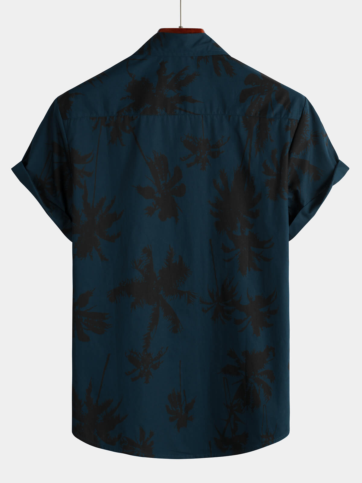 Navy Hawaiian Collar Short Sleeve Shirt with Palm Print, 100%