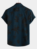 Navy Hawaiian Collar Short Sleeve Shirt with Palm Print, 100%