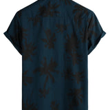 Short Sleeve Cotton Hawaiian Style Shirt with Palm Print for Men, Navy