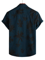 Short Sleeve Cotton Hawaiian Style Shirt with Palm Print for Men, Navy