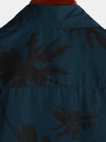 Navy Hawaiian Collar Short Sleeve Shirt with Palm Print, 100%