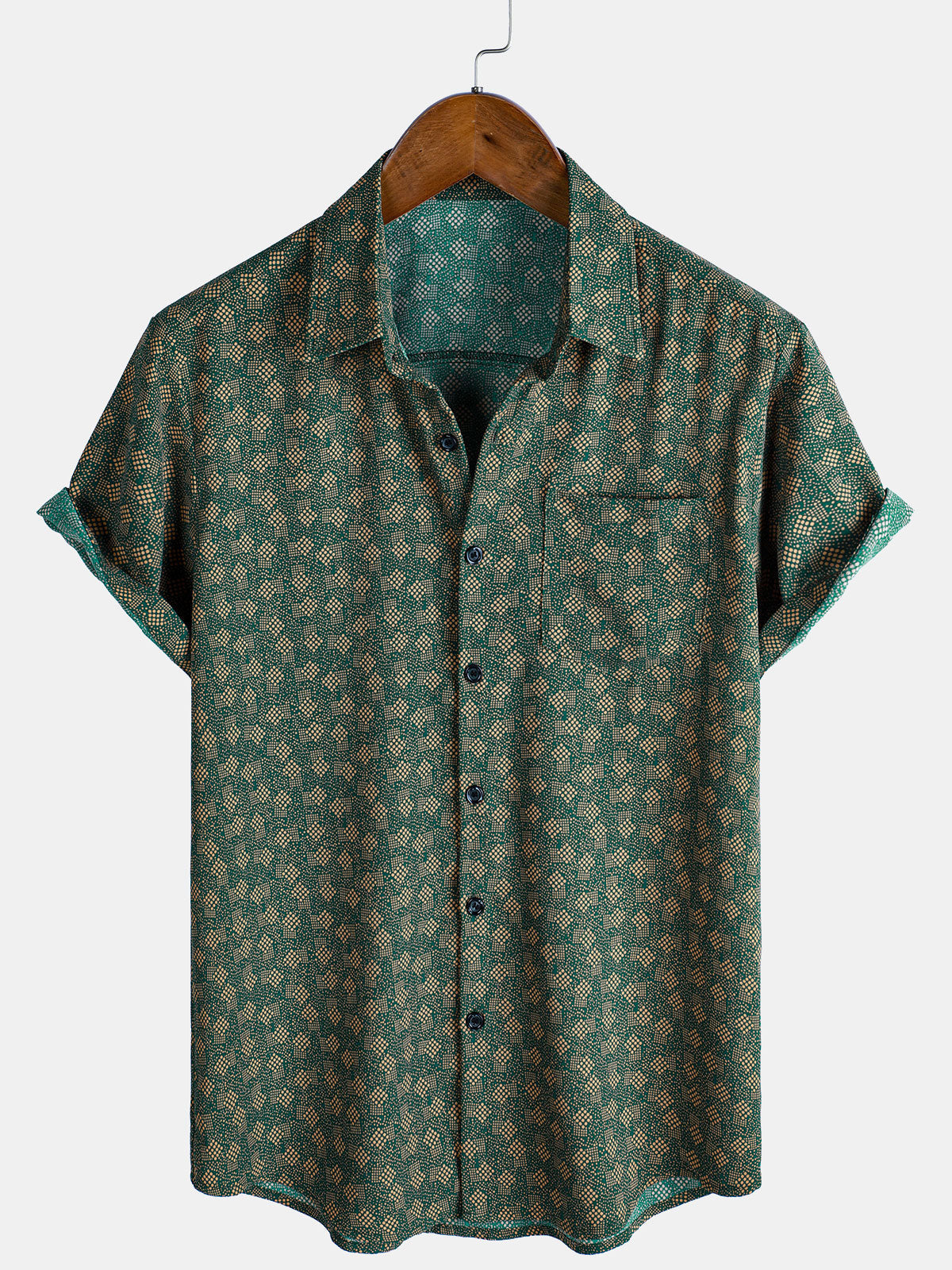 Short-Sleeve Shirt with Green Pocket and Retro Geometric Print