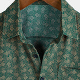 Short-Sleeve Shirt with Green Pocket and Retro Geometric Print