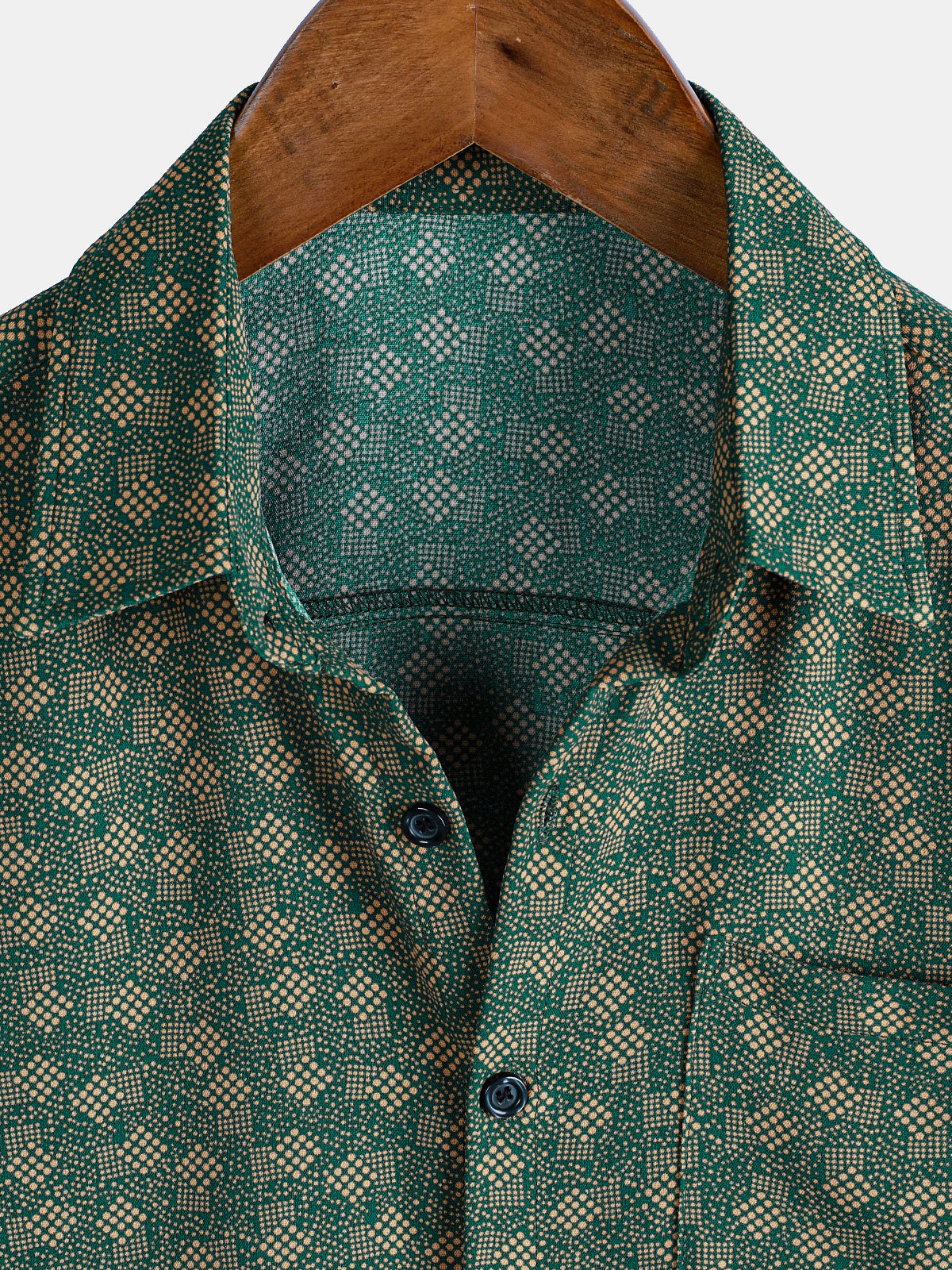 Short-Sleeve Shirt with Green Pocket and Retro Geometric Print