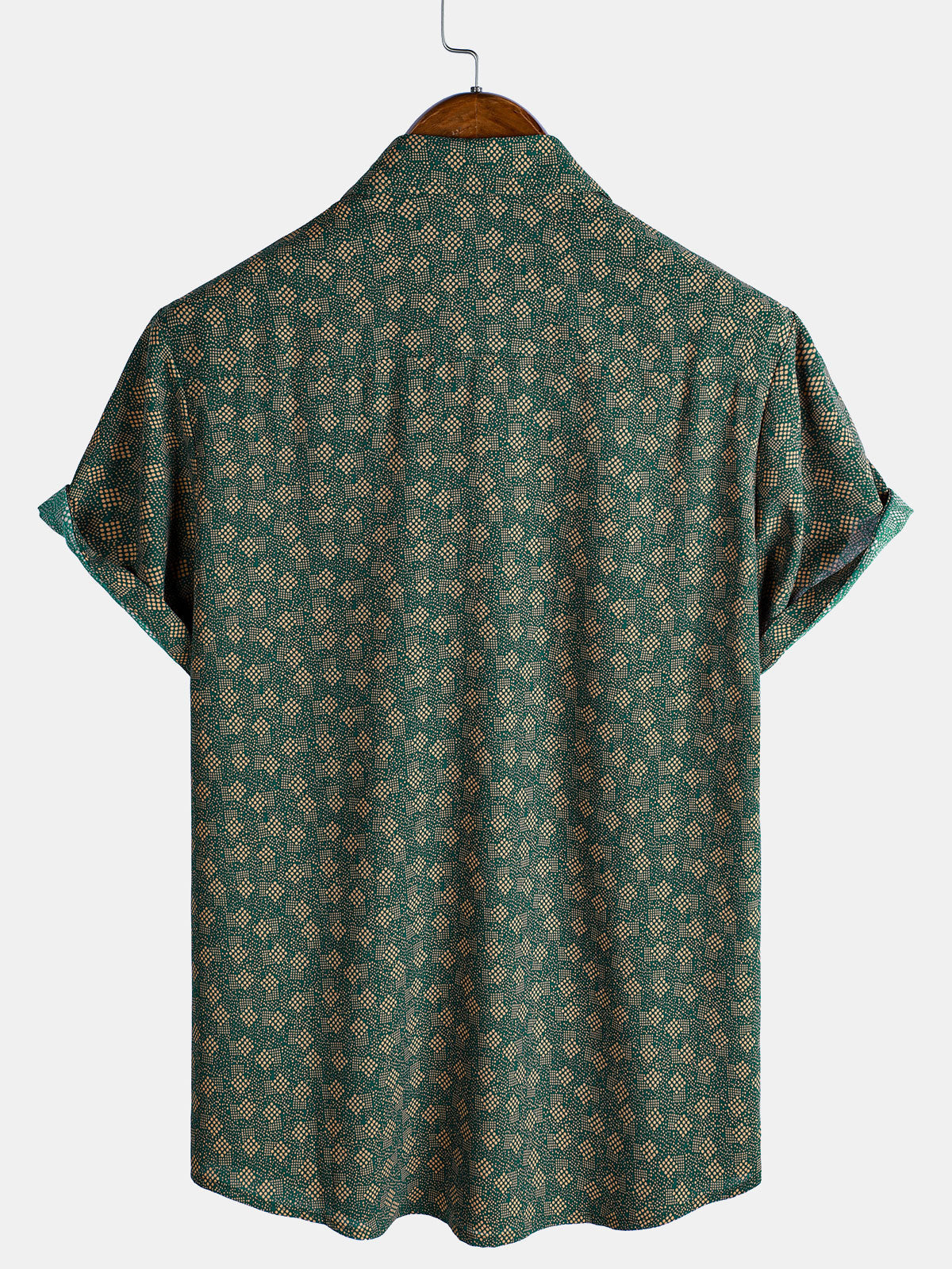Short-Sleeve Shirt with Green Pocket and Retro Geometric Print