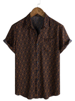 Men's Cotton Short-Sleeve Shirt with Pocket in Retro Geometric Pattern, Brown
