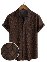 Men's Cotton Short-Sleeve Shirt with Pocket in Retro Geometric Pattern, Brown