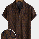 Short-Sleeve Brown Retro Geometric Print Pocket Shirt