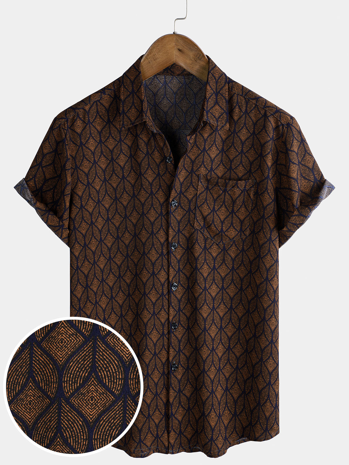 Short-Sleeve Brown Retro Geometric Print Pocket Shirt