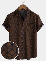 Short-Sleeve Brown Retro Geometric Print Pocket Shirt