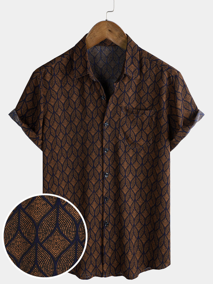 Short-Sleeve Brown Retro Geometric Print Pocket Shirt