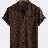 Short-Sleeve Brown Retro Geometric Print Pocket Shirt