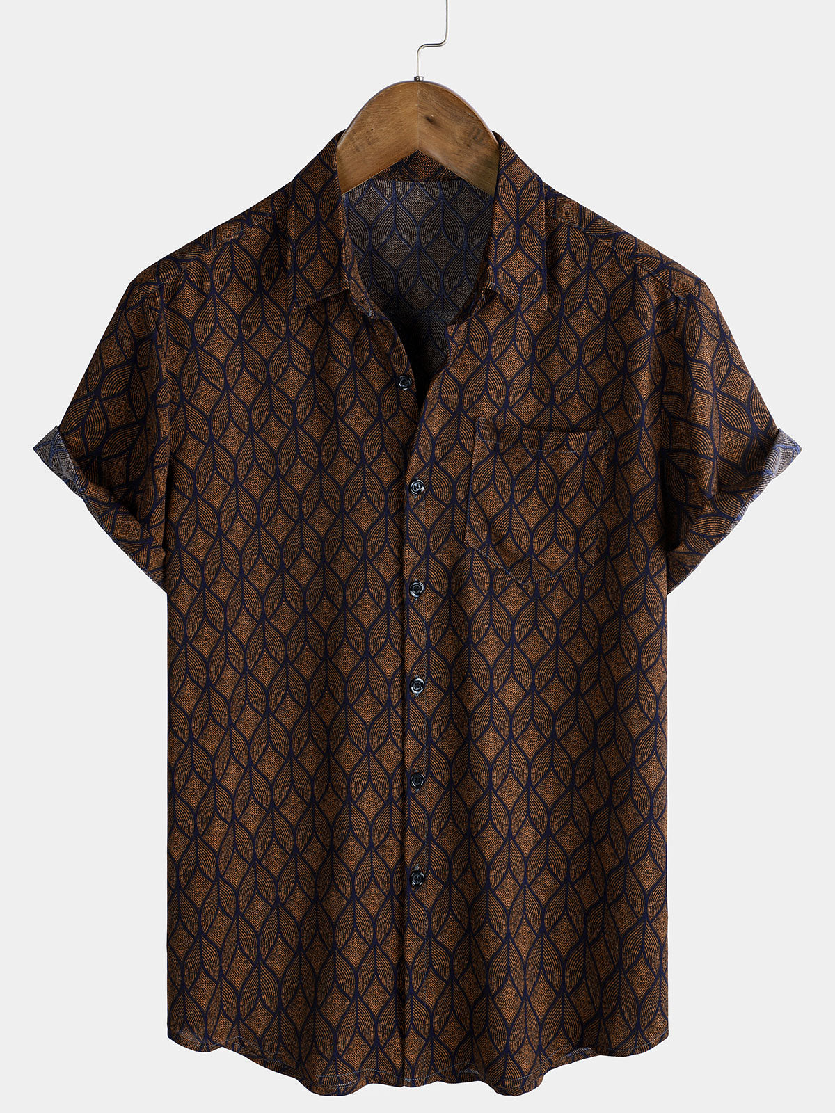 Short-Sleeve Brown Retro Geometric Print Pocket Shirt