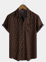 Short-Sleeve Brown Retro Geometric Print Pocket Shirt