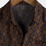 Short-Sleeve Brown Retro Geometric Print Pocket Shirt
