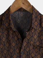 Short-Sleeve Brown Retro Geometric Print Pocket Shirt