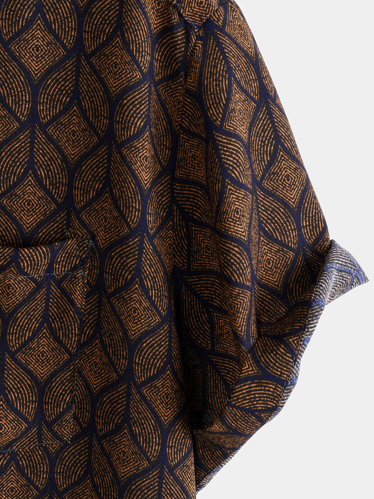 Short-Sleeve Brown Retro Geometric Print Pocket Shirt