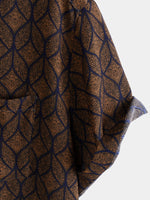 Short-Sleeve Brown Retro Geometric Print Pocket Shirt