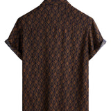 Men's Cotton Short-Sleeve Shirt with Pocket in Retro Geometric Pattern, Brown