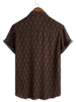 Men's Cotton Short-Sleeve Shirt with Pocket in Retro Geometric Pattern, Brown