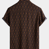 Short-Sleeve Brown Retro Geometric Print Pocket Shirt