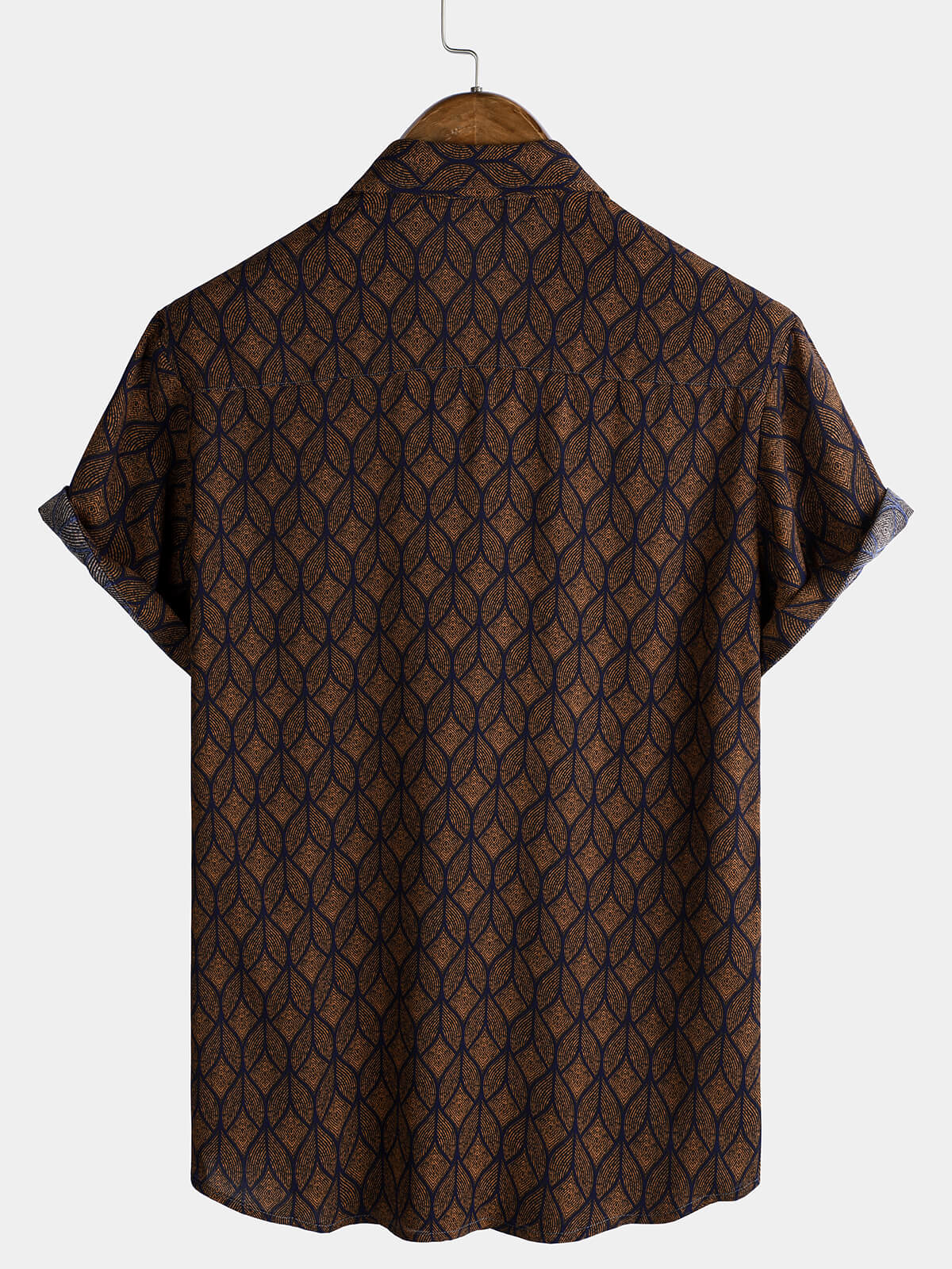 Short-Sleeve Brown Retro Geometric Print Pocket Shirt