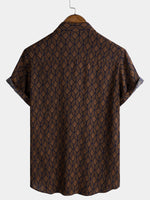 Short-Sleeve Brown Retro Geometric Print Pocket Shirt