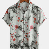 Vintage Summer Shirt with Red Floral Pattern, Short Sleeves